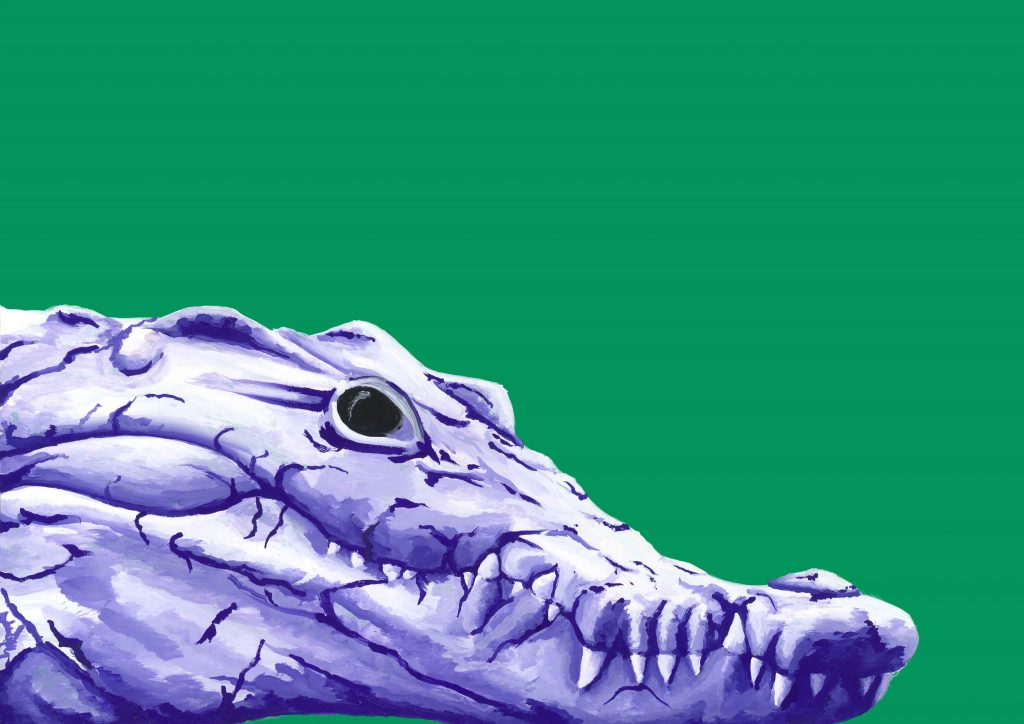 Henry Fraser Mouth Painting titled: Violet crocodile – Original painting