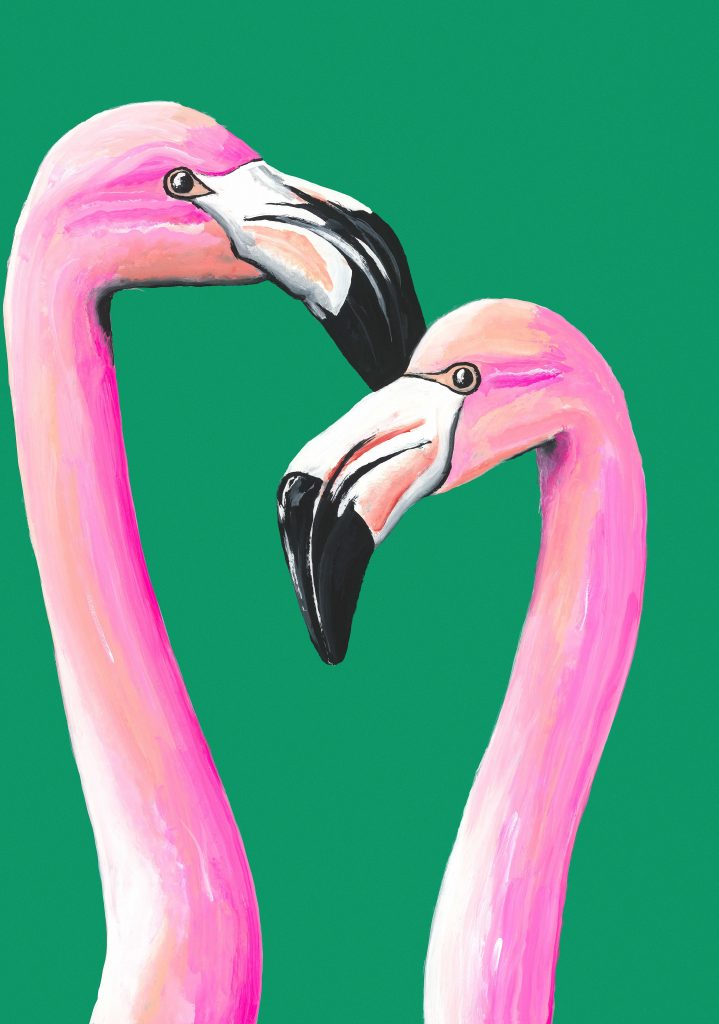 Henry Fraser Mouth Painting titled: Two Flamingos – Original painting