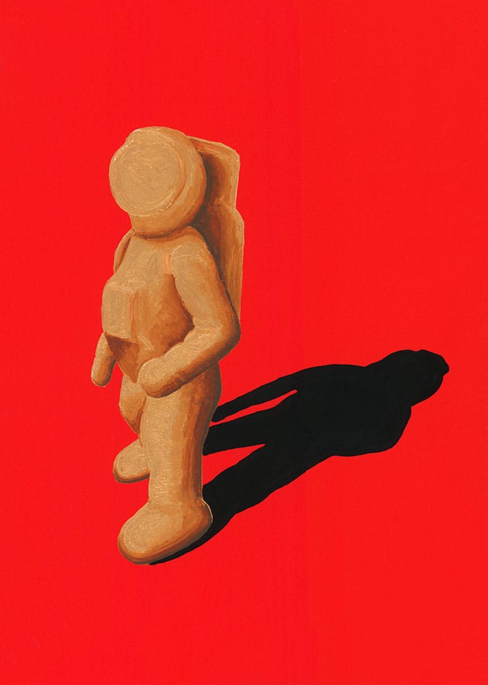 Golden astronaut mouth painting by Henry Fraser on a bright red background