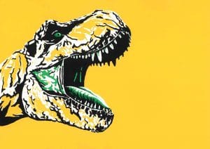 Tyrannosaurus rex painting by Henry Fraser on a yellow background