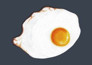 Fried egg mouth painting by Henry Fraser on a charcoal grey background